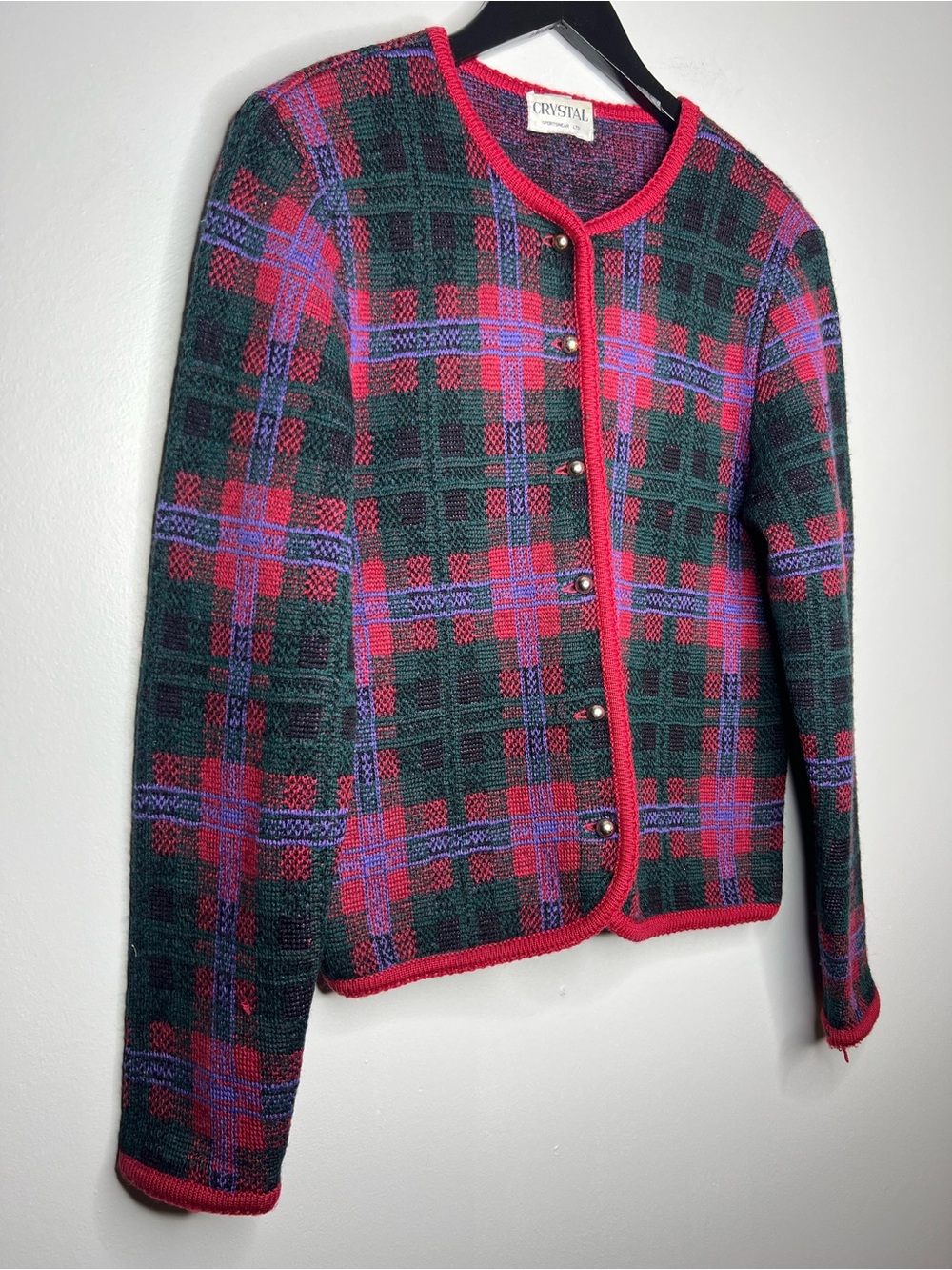 Vintage 100% Wool Cardigan Plaid Nordic Red Green Gold Buttons Size M Old Money - Picture 3 of 13